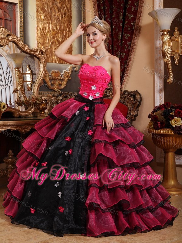 Red and Black Ruffled Layers Appliques Quinceanera Dress 2013