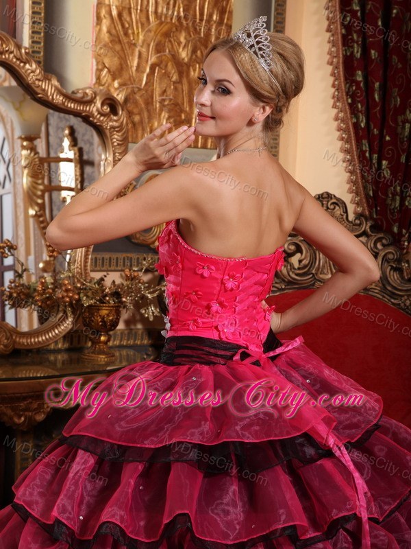 Red and Black Ruffled Layers Appliques Quinceanera Dress 2013