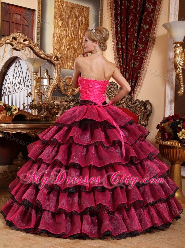 Red and Black Ruffled Layers Appliques Quinceanera Dress 2013