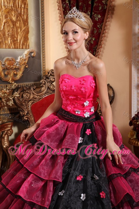 Red and Black Ruffled Layers Appliques Quinceanera Dress 2013