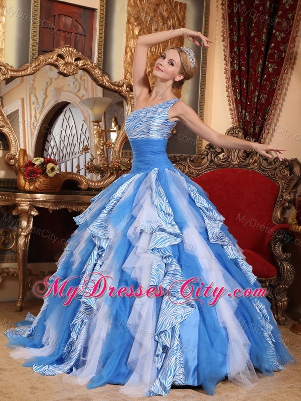 Ruffles One Shoulder Blue and White Quinceanera Dress with Zebro