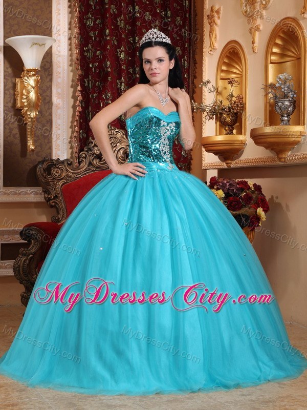 Sequins Decorate Bust Teal Ruffly Quinceanera Dress 2013