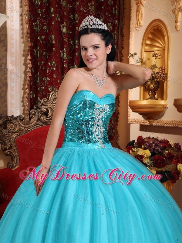 Sequins Decorate Bust Teal Ruffly Quinceanera Dress 2013