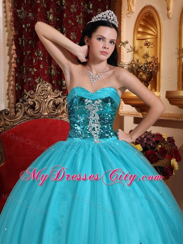 Sequins Decorate Bust Teal Ruffly Quinceanera Dress 2013