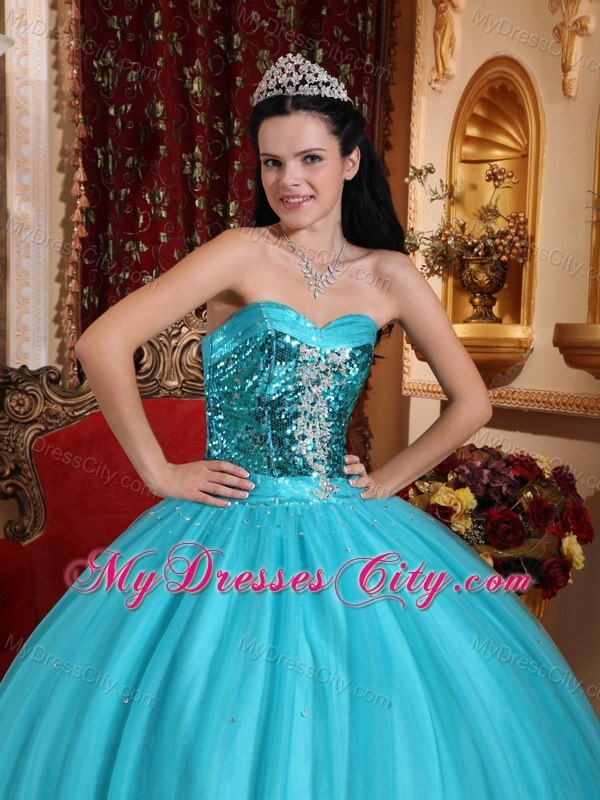 Sequins Decorate Bust Teal Ruffly Quinceanera Dress 2013