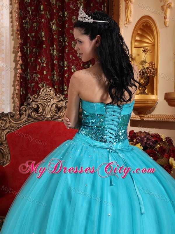 Sequins Decorate Bust Teal Ruffly Quinceanera Dress 2013