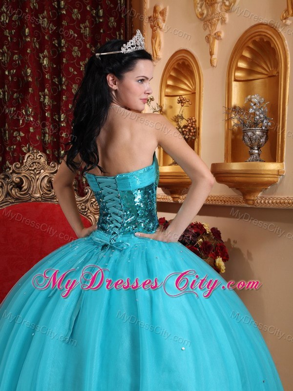 Sequins Decorate Bust Teal Ruffly Quinceanera Dress 2013