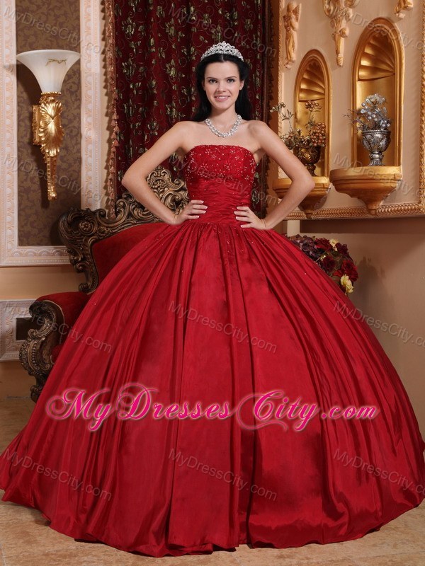 Red Puffy Quinceanera Dress Beading and Ruches Dercorate Bust