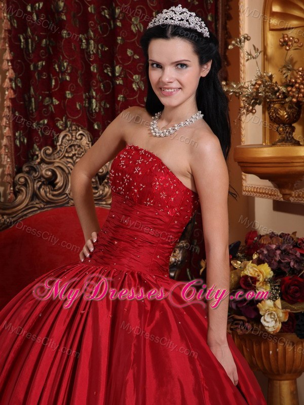 Red Puffy Quinceanera Dress Beading and Ruches Dercorate Bust