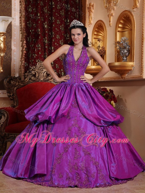 2013 Purple Halter Quinceanera Dress with Appliques for Sweet 16