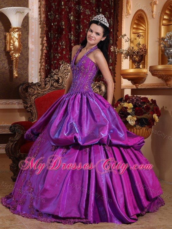 2013 Purple Halter Quinceanera Dress with Appliques for Sweet 16