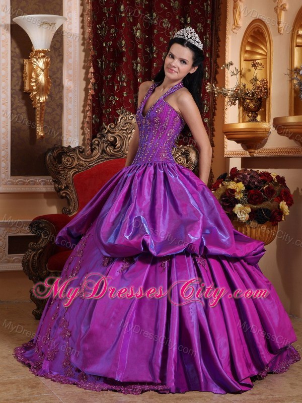 2013 Purple Halter Quinceanera Dress with Appliques for Sweet 16