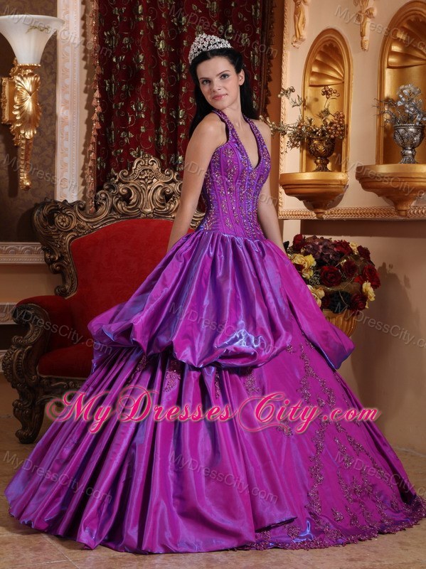 2013 Purple Halter Quinceanera Dress with Appliques for Sweet 16