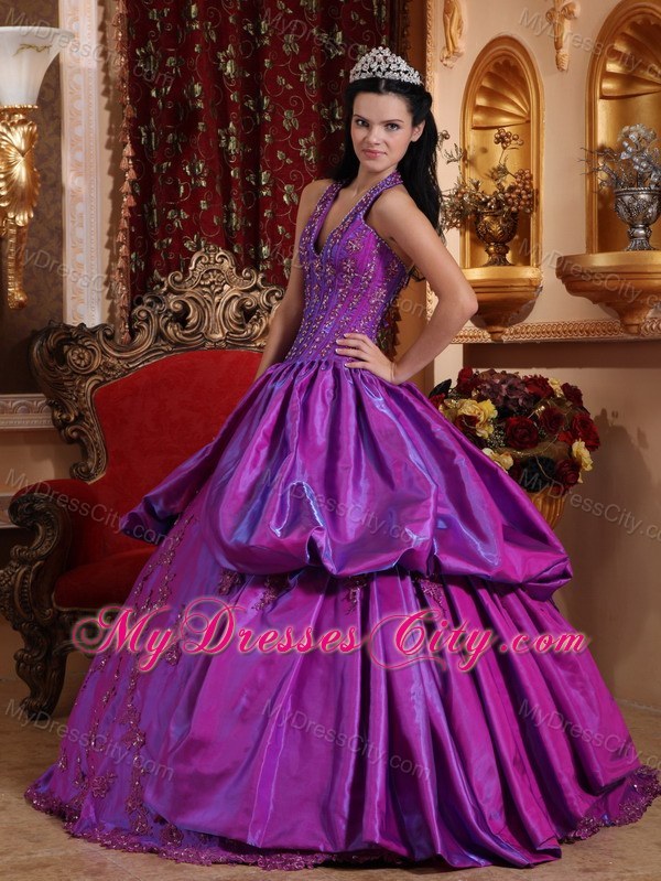 2013 Purple Halter Quinceanera Dress with Appliques for Sweet 16