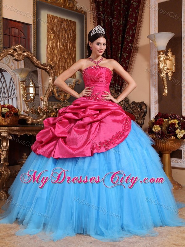 Red and Blue Strapless Appliques and Pick-ups Quinceanera Dress