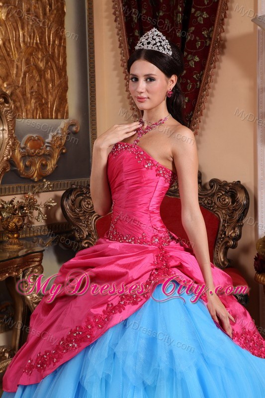 Red and Blue Strapless Appliques and Pick-ups Quinceanera Dress