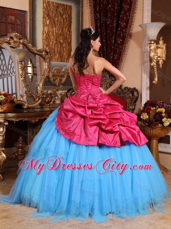 Red and Blue Strapless Appliques and Pick-ups Quinceanera Dress