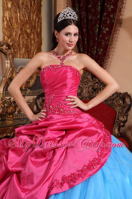 Red and Blue Strapless Appliques and Pick-ups Quinceanera Dress