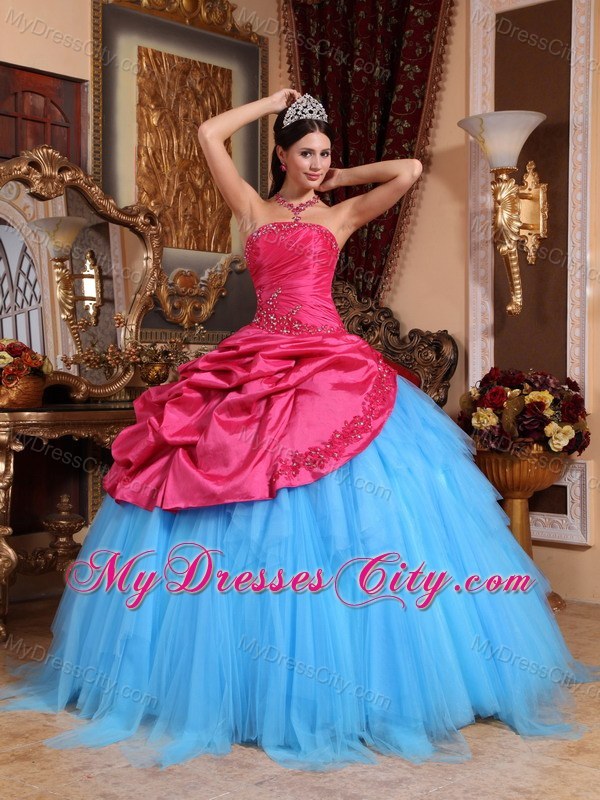 Red and Blue Strapless Appliques and Pick-ups Quinceanera Dress