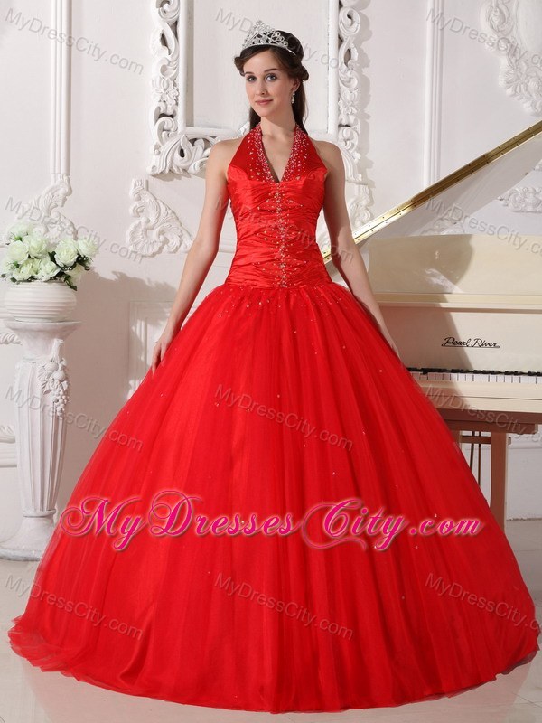 Red Halter Floor-length Tulle Beading 2013 Sweet 15 Dress