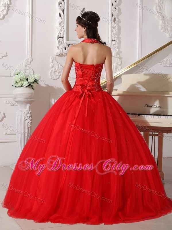 Red Halter Floor-length Tulle Beading 2013 Sweet 15 Dress