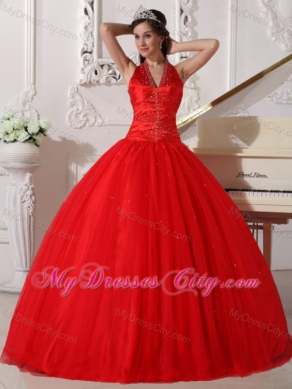 Red Halter Floor-length Tulle Beading 2013 Sweet 15 Dress