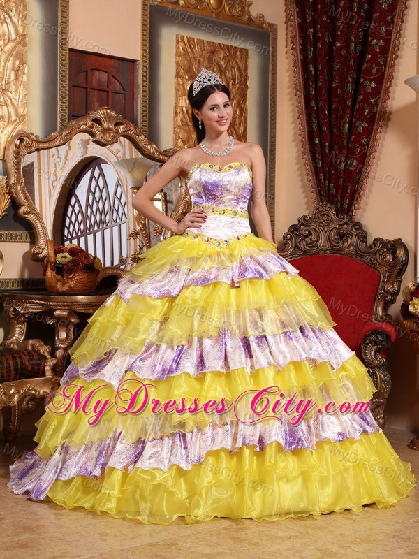 Multi-color Ruffled Layers Printing Organza Quinceanera Dress