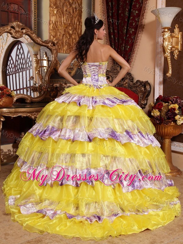 Multi-color Ruffled Layers Printing Organza Quinceanera Dress