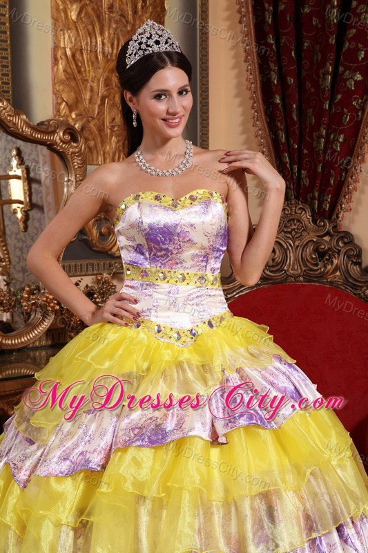 Multi-color Ruffled Layers Printing Organza Quinceanera Dress