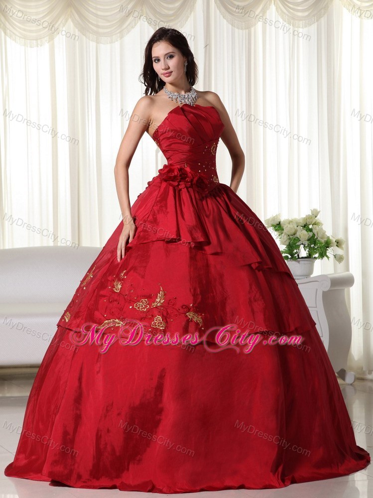 Wine Red Quinceanera Gowns with Taffeta Hand Made Flowers