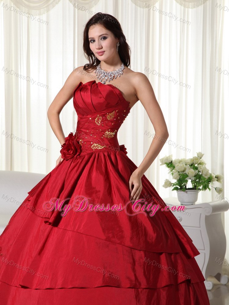 Wine Red Quinceanera Gowns with Taffeta Hand Made Flowers