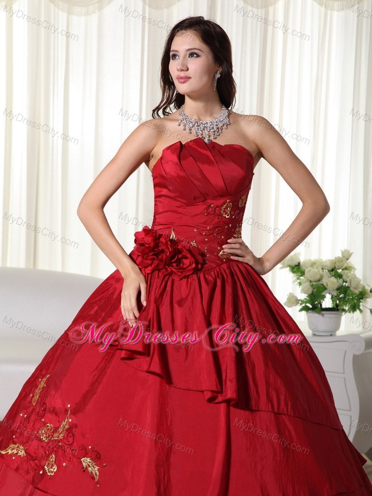 Wine Red Quinceanera Gowns with Taffeta Hand Made Flowers