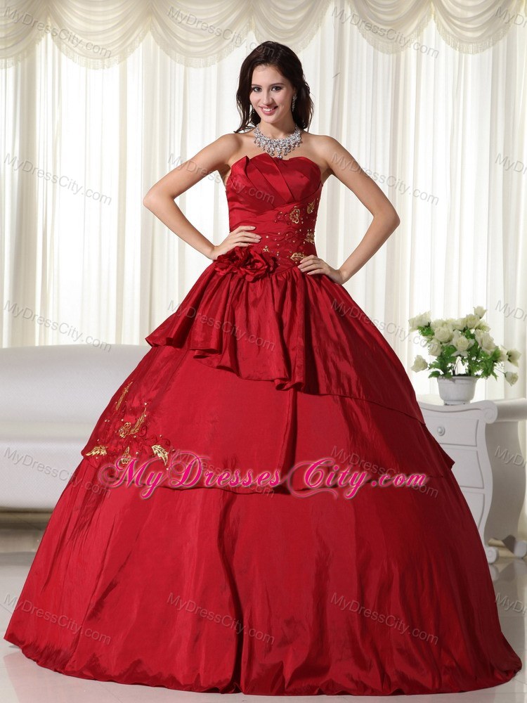 Wine Red Quinceanera Gowns with Taffeta Hand Made Flowers