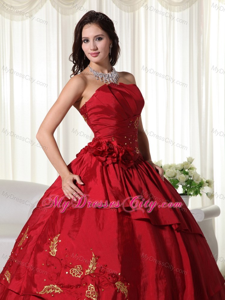 Wine Red Quinceanera Gowns with Taffeta Hand Made Flowers