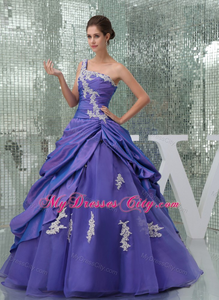 Purple One Shoulder Pick-ups Organza Quinceanera Dress on Sale