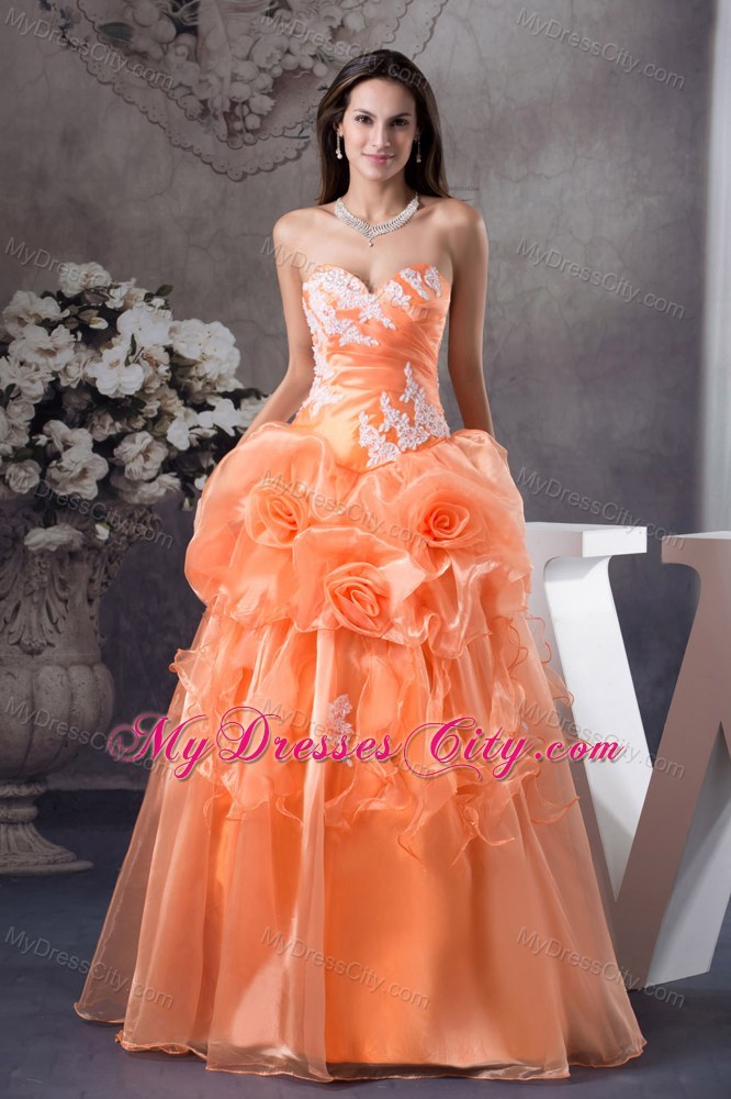 Orange Sweetheart Sweet 15 Dress With Hand Made Flowers