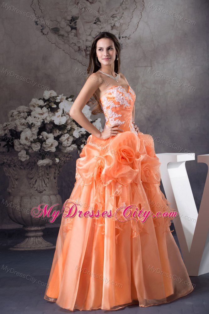 Orange Sweetheart Sweet 15 Dress With Hand Made Flowers