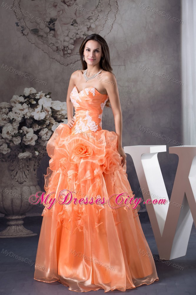 Orange Sweetheart Sweet 15 Dress With Hand Made Flowers