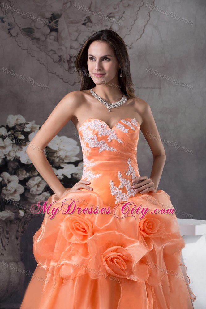 Orange Sweetheart Sweet 15 Dress With Hand Made Flowers