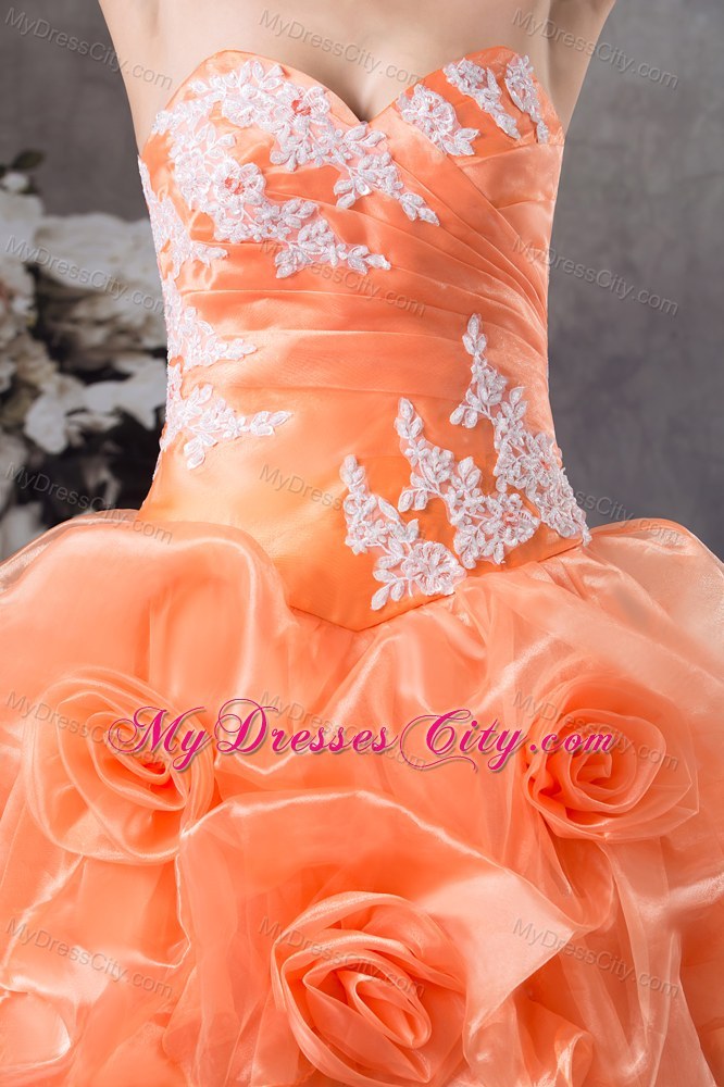 Orange Sweetheart Sweet 15 Dress With Hand Made Flowers