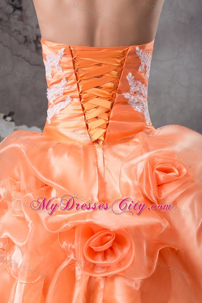 Orange Sweetheart Sweet 15 Dress With Hand Made Flowers