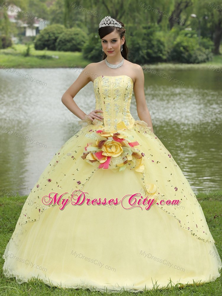 Light Yellow Appliques and Hand Made Flowers Quinceanera Dress