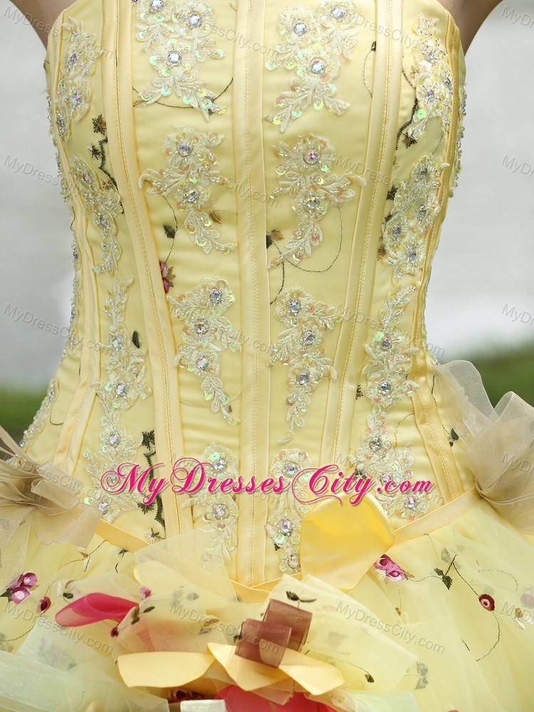 Light Yellow Appliques and Hand Made Flowers Quinceanera Dress