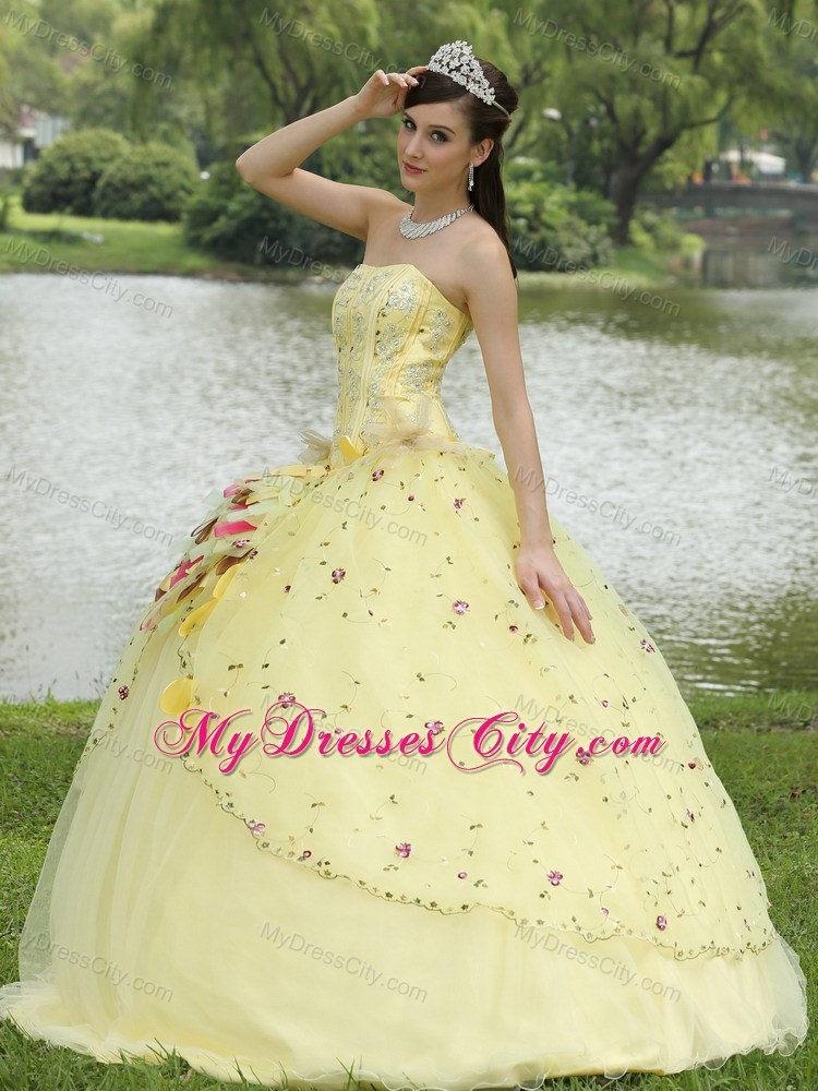 Light Yellow Appliques and Hand Made Flowers Quinceanera Dress