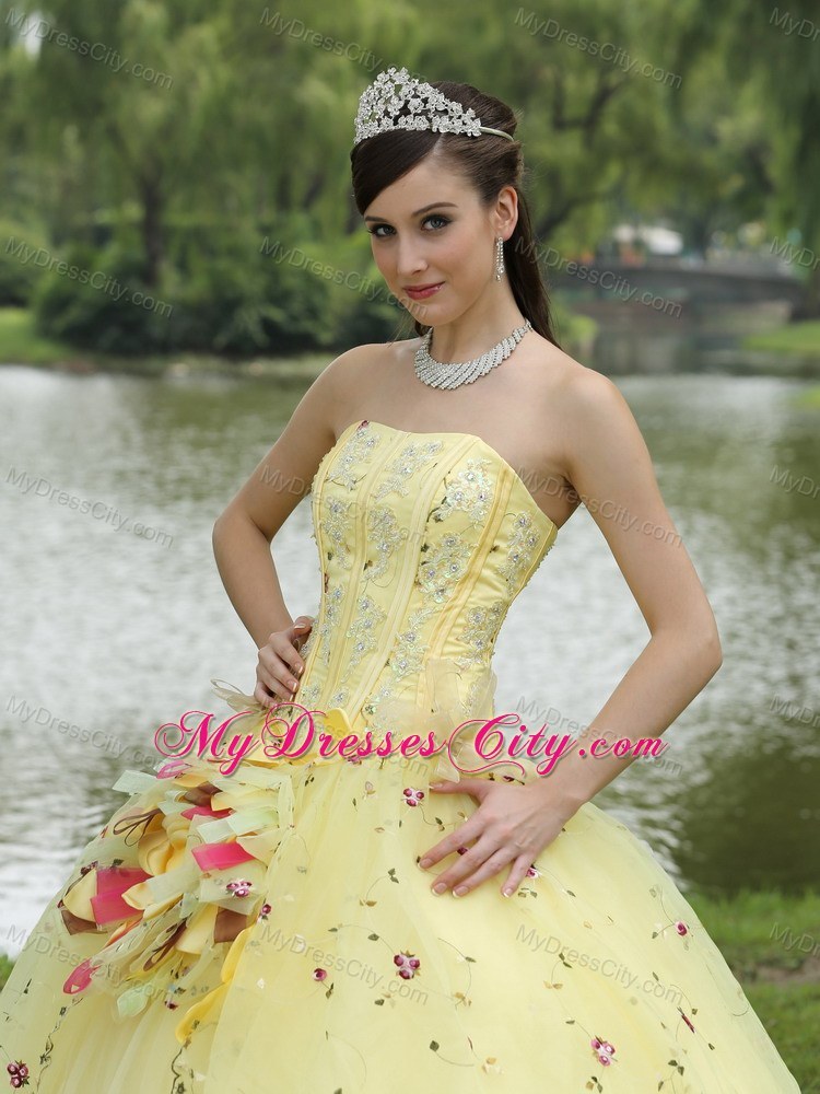 Light Yellow Appliques and Hand Made Flowers Quinceanera Dress