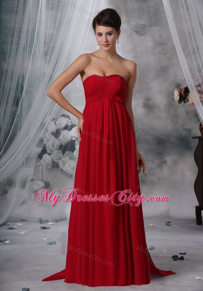 Red Empire Strapless Watteau Chiffon Ruched Prom Evening Dress