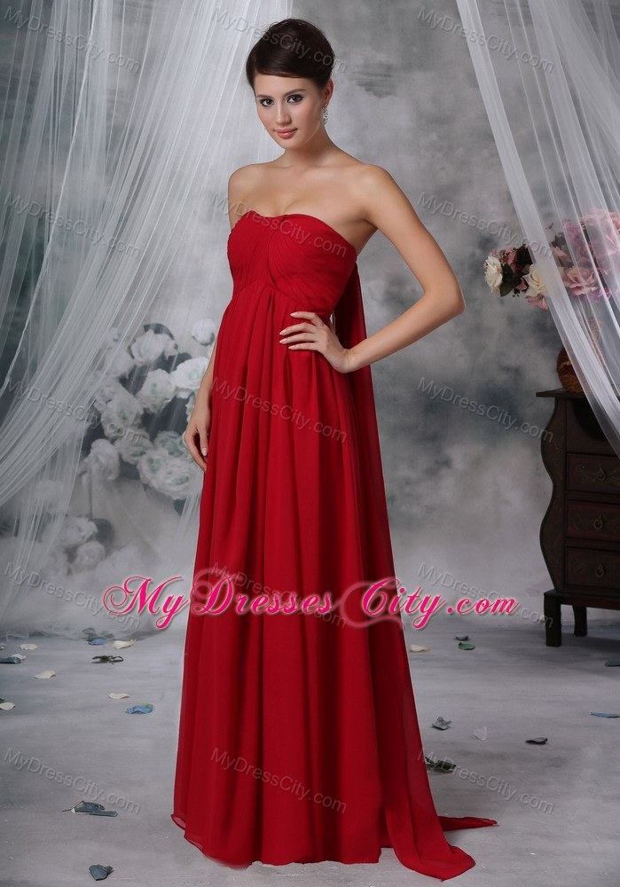 Red Empire Strapless Watteau Chiffon Ruched Prom Evening Dress