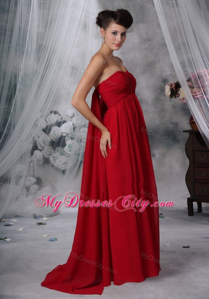 Red Empire Strapless Watteau Chiffon Ruched Prom Evening Dress