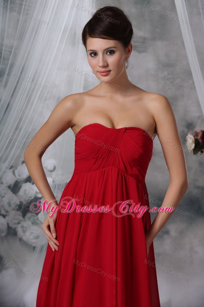 Red Empire Strapless Watteau Chiffon Ruched Prom Evening Dress