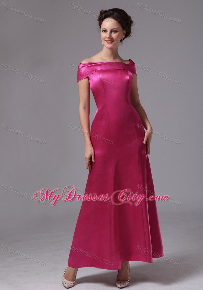 Hot Pink Off The Shoulder Ankle-length Prom Evening Dress